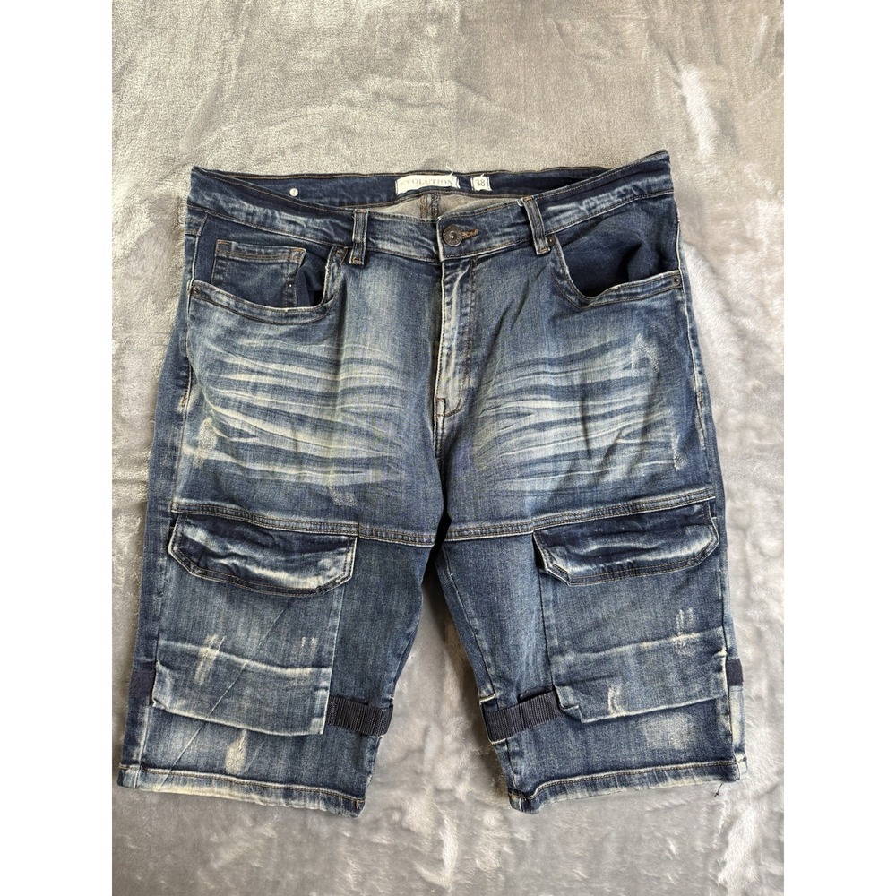 Y2K Evolution In Design Distressed Cargo Jean Shorts 38x12 Jorts Dark Wash